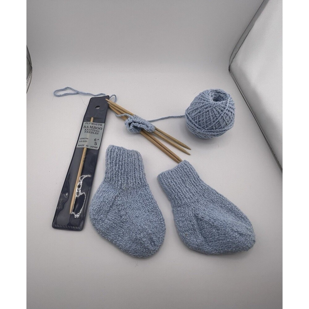5 Plymouth Bamboo Knitting Needles 2 Blue Baby Booties With Ball Of Yarn
